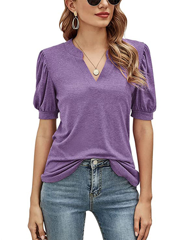 xakxx Simple Solid Color V-Neck Puff Sleeves T-Shirt Top