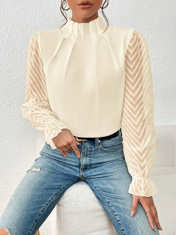 xakxx Long Sleeves Loose Elasticity Mesh Pleated Solid Color Mock Neck Blouses&Shirts Tops