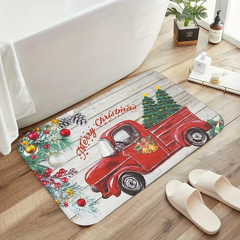 1pc Christmas Car Bathroom Absorbent Floor Mat, Merry Christmas Quick-drying Floor Mat, Christmas Tree Non-slip Floor Mat, Hallway Balcony Polyester Rug, Entrance Door Mat, Christmas Decorative Rug, Washable Home Operated Rug Hallway Laundry Room