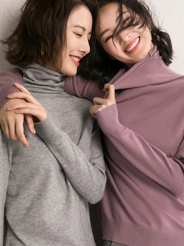 xakxx Simple Loose Long Sleeves Solid Color High-Neck Sweater Tops