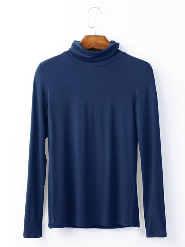 xakxx Simple Long Sleeves Skinny Solid Color High-Neck T-Shirts