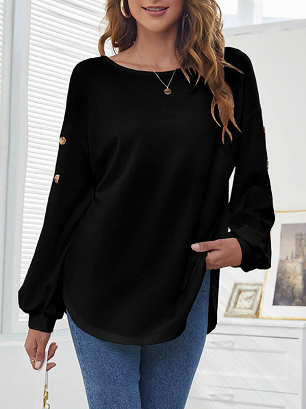xakxx Simple Loose Long Sleeves Solid Color Round-Neck T-Shirts Tops