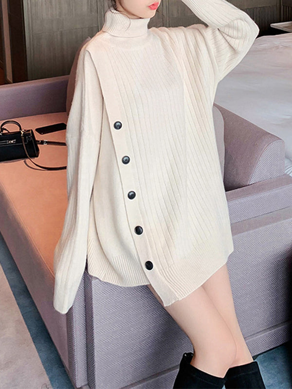xakxx High-Low Long Sleeves Asymmetric Buttoned High-Neck Knitwear Pullovers Sweater Tops
