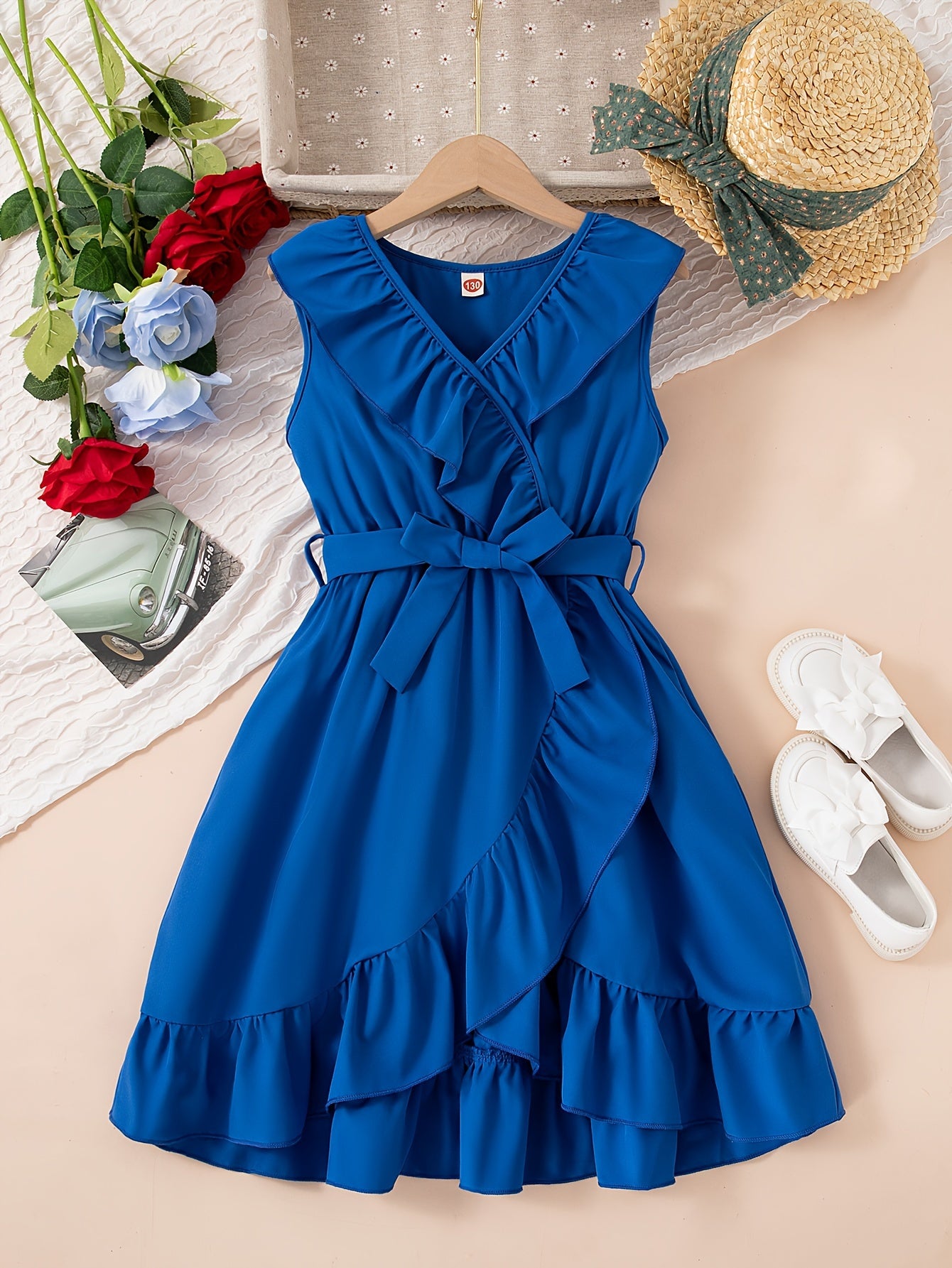 Brief Sleeveless V-Neck Ruffle Trim Dress for Teen Girls - Belted, Fitted, Loose Silhouette, Polyester Fabric, Summer Party Wear - Elegant and Dressy