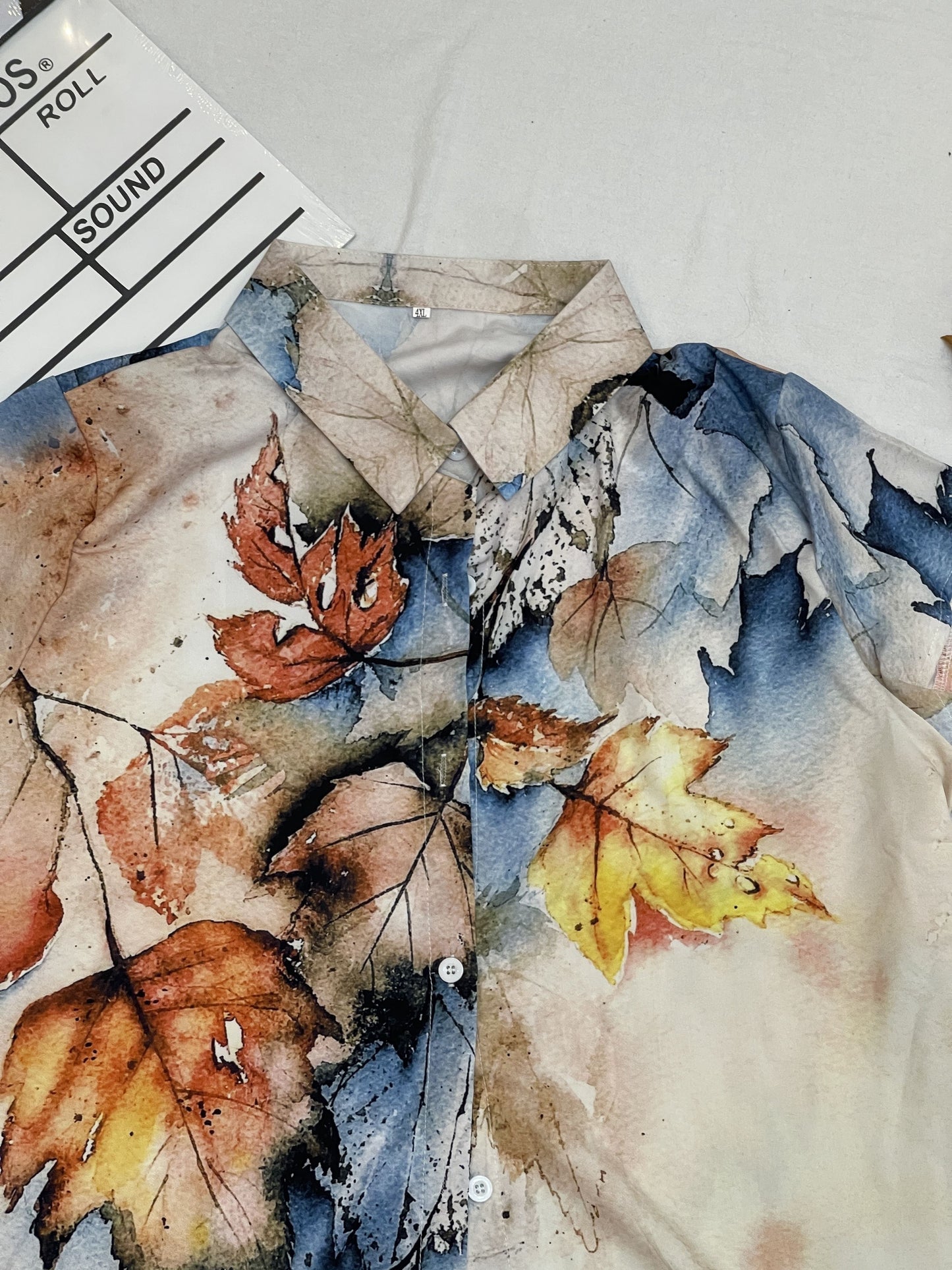 Plus Size Casual Blouse, Women's Plus Leaf Print Cap Sleeve Turn Down Collar Blouse