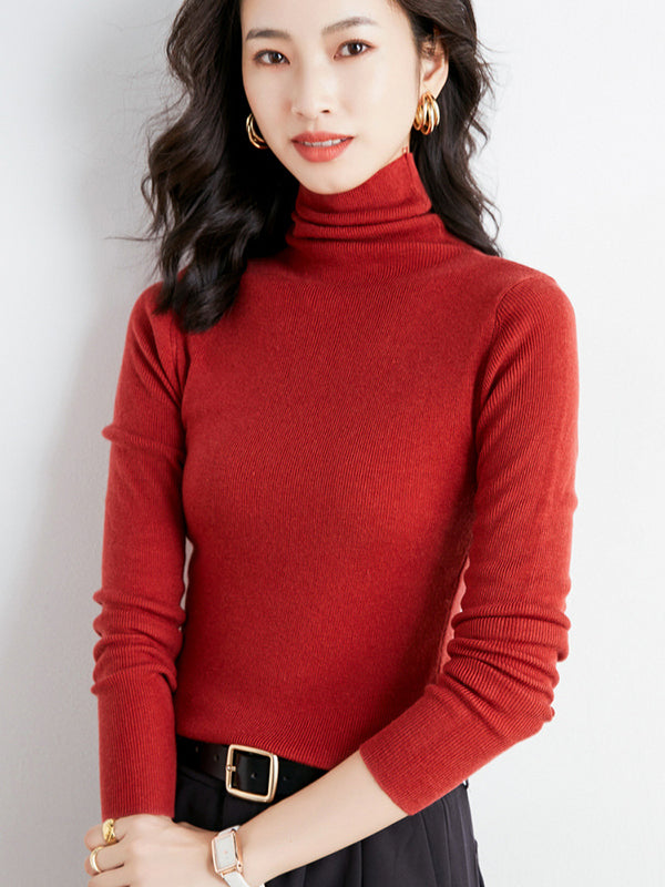 xakxx Simple Skinny Long Sleeves Solid Color High-Neck Sweater Tops Pullovers