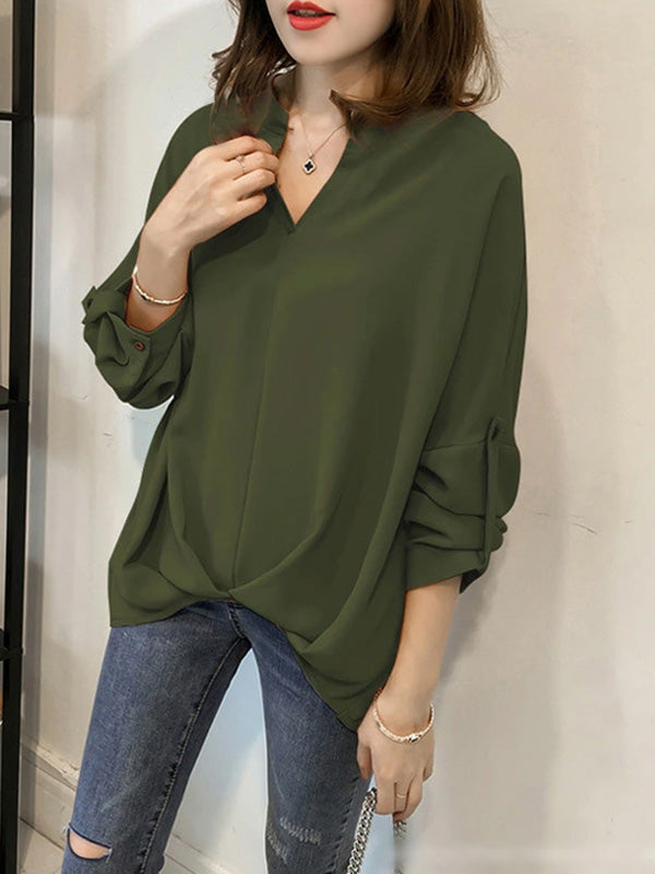 xakxx Casual Long Sleeves Loose Solid Color V-Neck Blouses&Shirts Tops