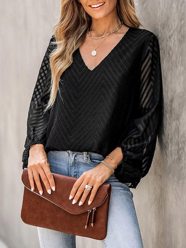 xakxx Loose Puff Sleeves Jacquard Pleated See-Through Split-Joint V-Neck T-Shirts