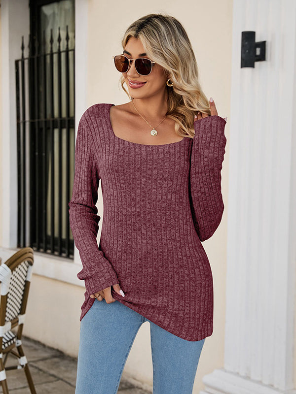 xakxx Casual Long Sleeves Skinny Solid Color Square-Neck Sweater Tops