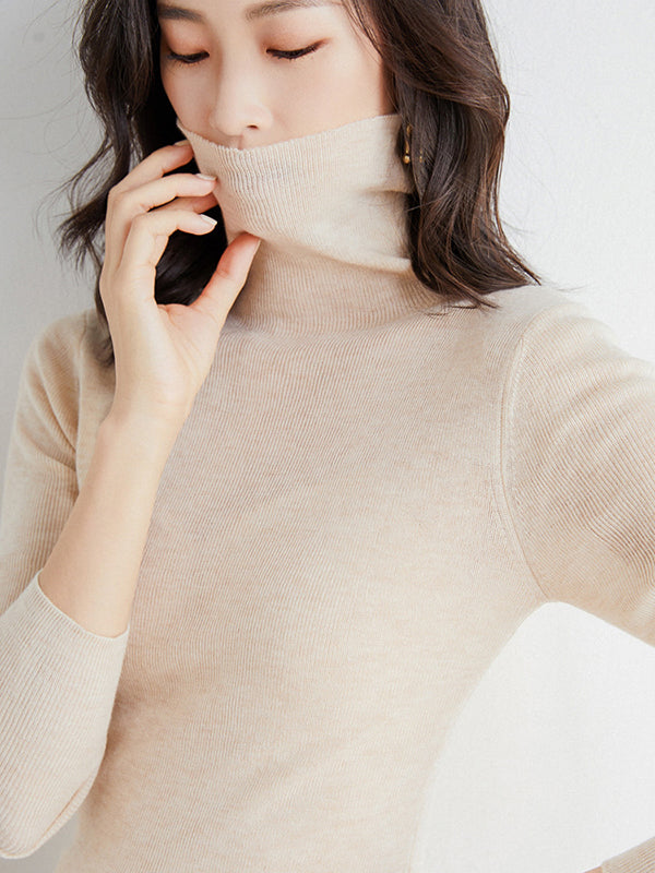 xakxx Simple Skinny Long Sleeves Solid Color High-Neck Sweater Tops Pullovers