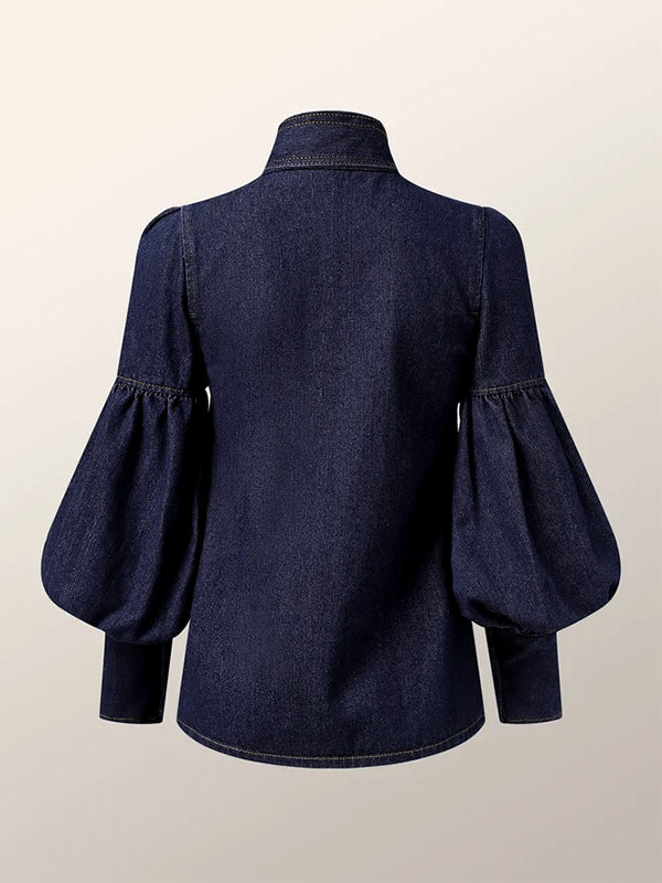 xakxx Long Sleeves Puff Sleeves Bow-Embellished Buttoned Split-Joint Tied High Neck Blouses&Shirts Tops