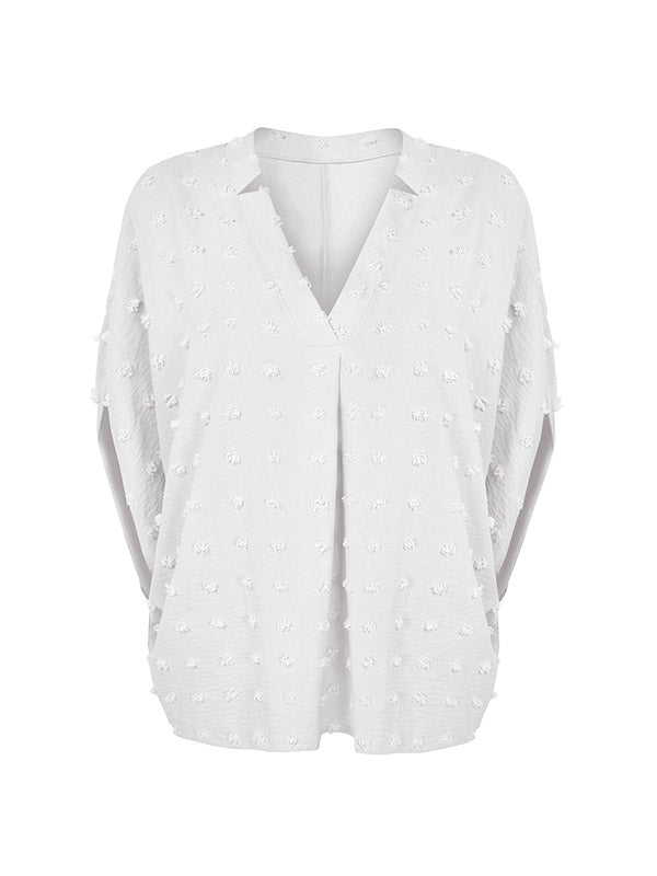 xakxx Half Sleeves Loose Jacquard Solid Color V-Neck T-Shirts Tops