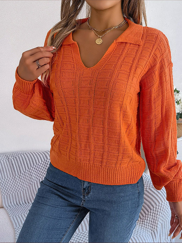 xakxx Long Sleeves Loose Solid Color Lapel Pullovers Sweater Tops