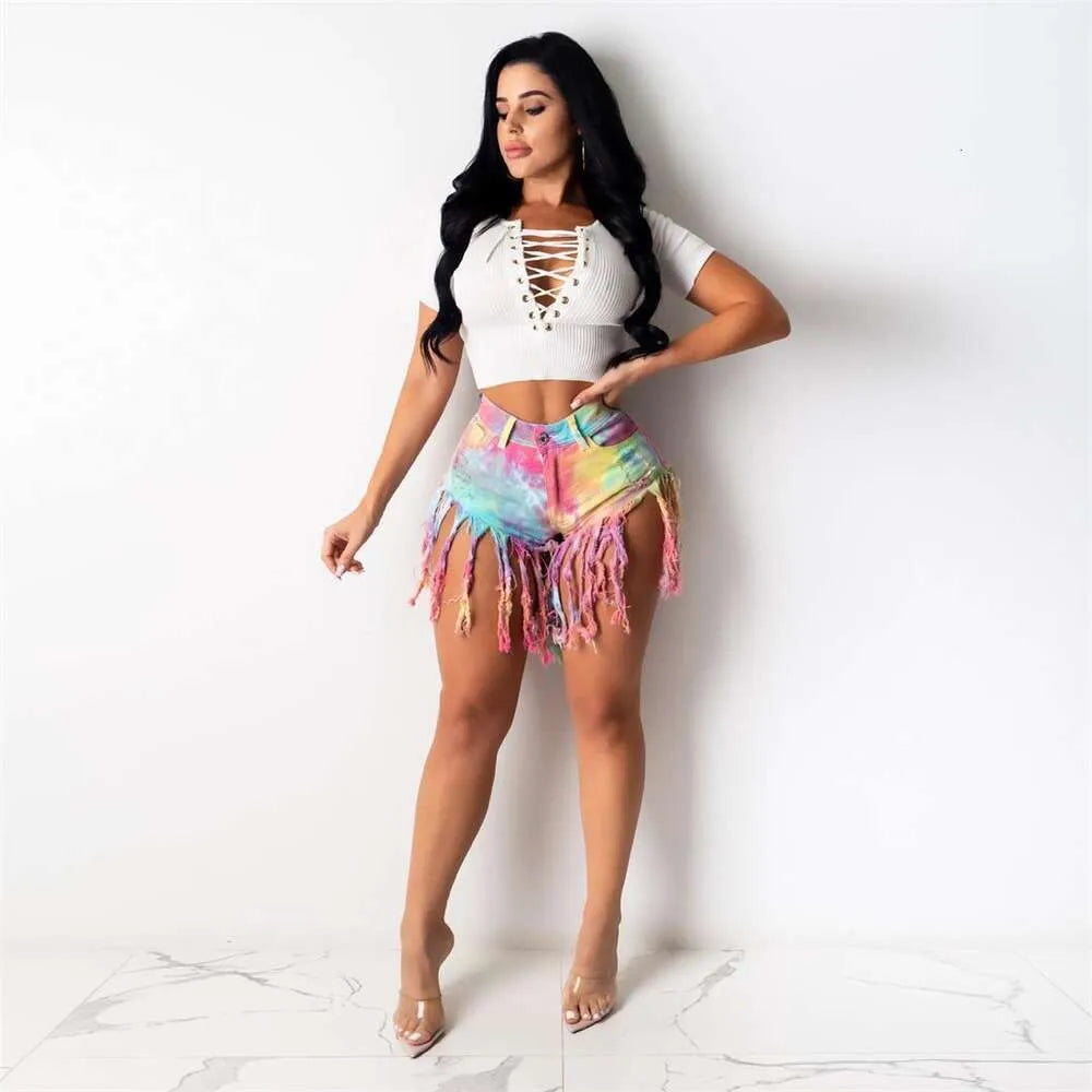 Tassel Brushed Tie Dyed Imitation Denim Shorts, Women's Jeans, Casual Pants