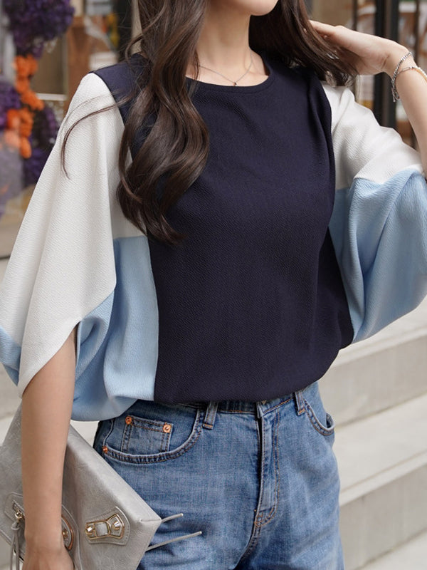 xakxx Batwing Sleeves Half Sleeves Contrast Color Round-Neck Blouses&Shirts Tops