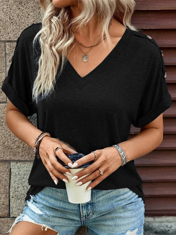 xakxx Loose Short Sleeves Buttoned Solid Color V-Neck T-Shirts Tops