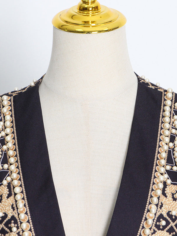 xakxx Original Creation Loose Long Sleeves Beads Printed V-Neck Blazer Outerwear