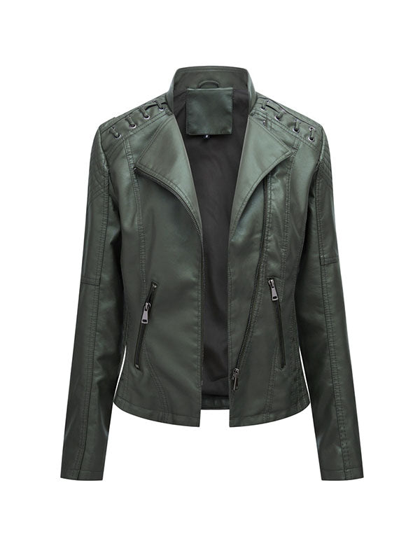 xakxx Long Sleeves Split-Joint Zipper Mock Neck PU Jackets Outerwear