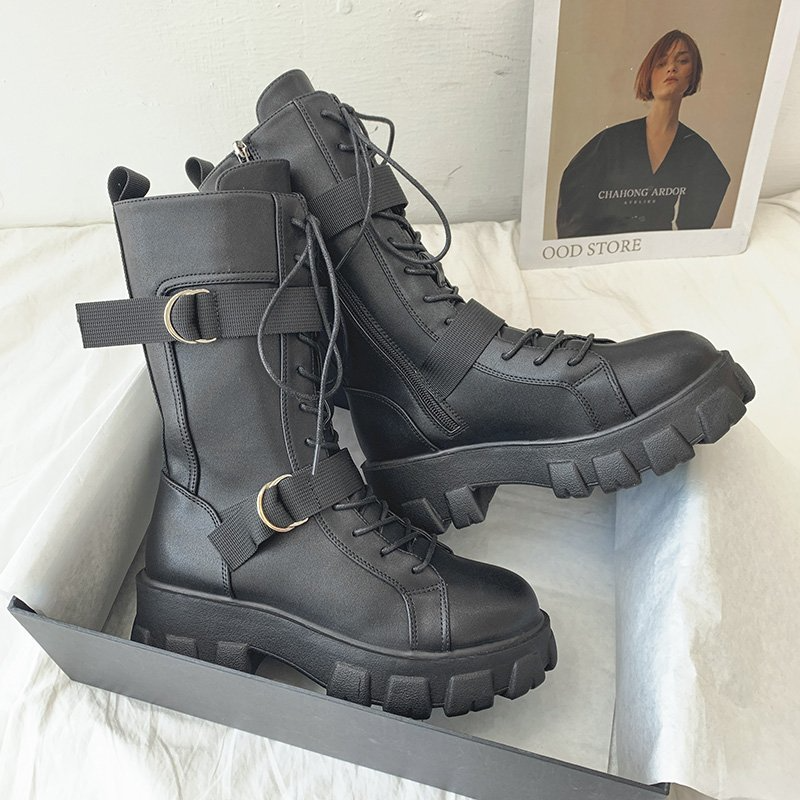 Purpdrank - Women's Shoes New Spring Style Platform Comfortable Boots Zipper Casual Mid-Calf Round Toe Flat with Boots Femmes Bottes