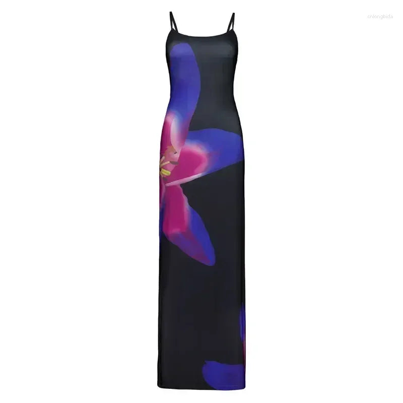 Casual Dresses Tossy Printed Spaghetti Backless Maxi Dress Women Fashion Slim Elegant Contrast Patchwork Halter Autumn Long