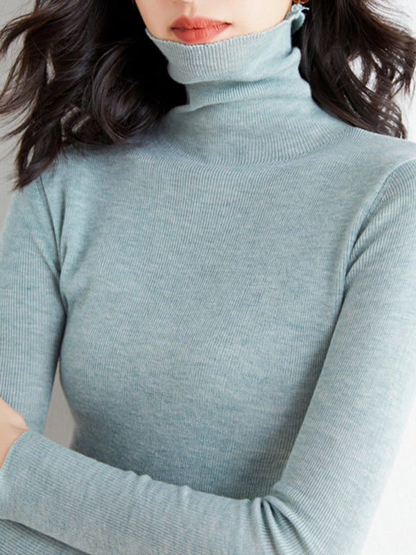 xakxx Simple Skinny Long Sleeves Solid Color High-Neck Sweater Tops Pullovers