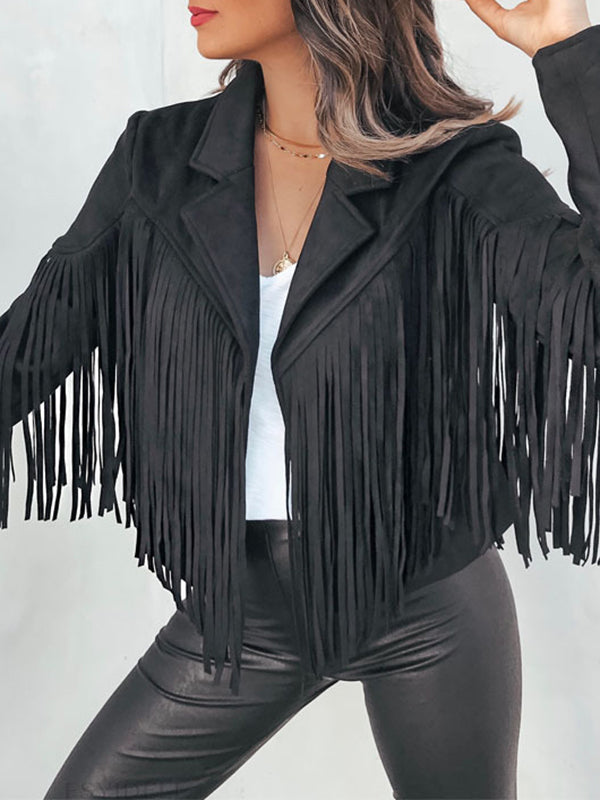 xakxx Long Sleeves Solid Color Split-Joint Tasseled Notched Collar Jackets