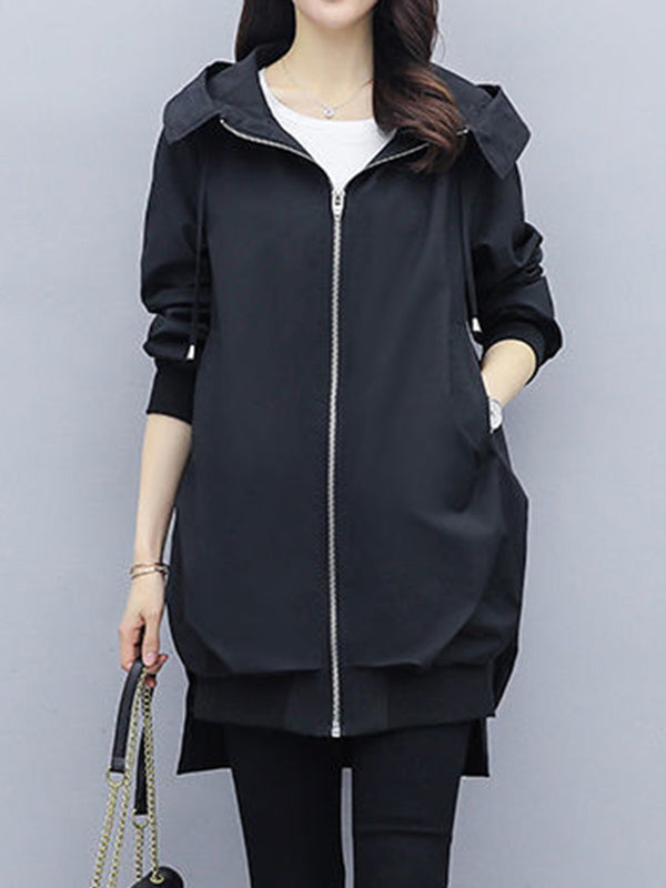 xakxx Casual Loose 4 Colors Pleated Zipper Hooded Long Sleeves Outwear