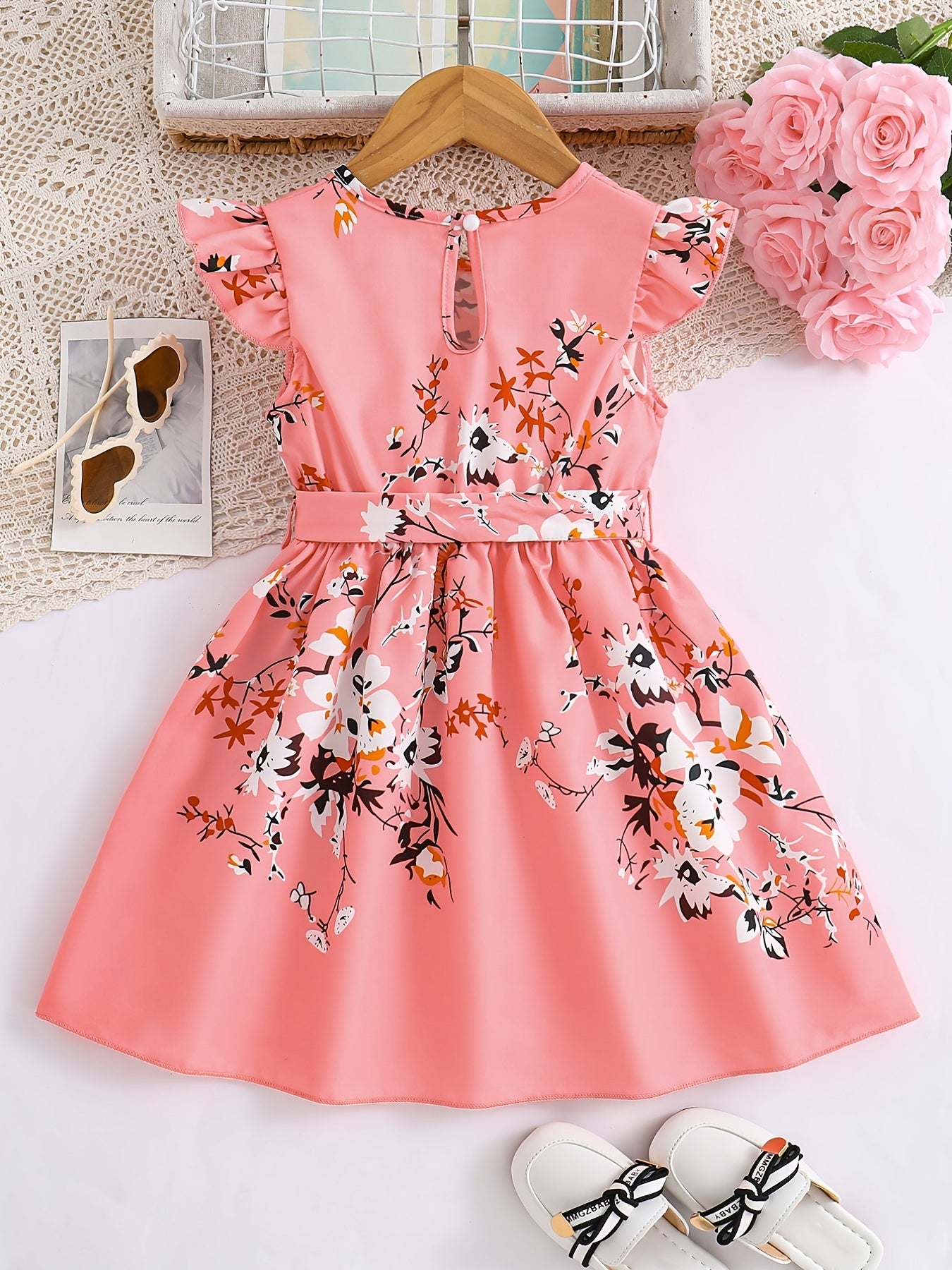 Girls Charming Floral Midi Dress - Fashionable Flying Sleeve & Sleeveless Combo, Lightweight & Comfortable for Sweet Summer Days, Adorable Daily Wear Dress with Bold Pattern