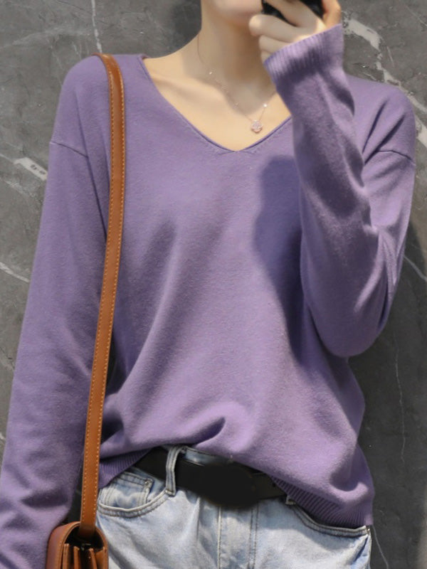 xakxx Simple Solid Color V-Neck Long Sleeve Knitwear Tops