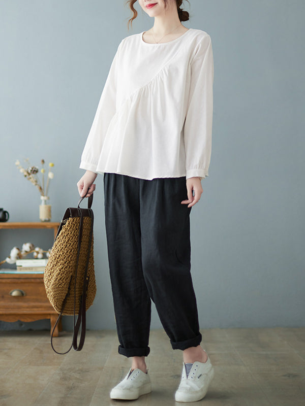 xakxx Casual Loose Long Sleeves Solid Color Round-Neck T-Shirts Tops