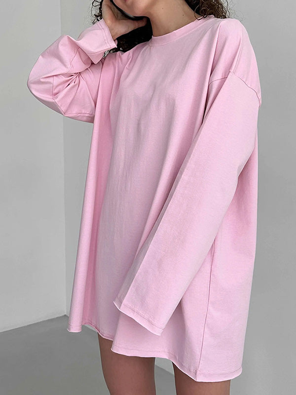 xakxx Long Sleeves Loose Solid Color Round-Neck T-Shirts Tops