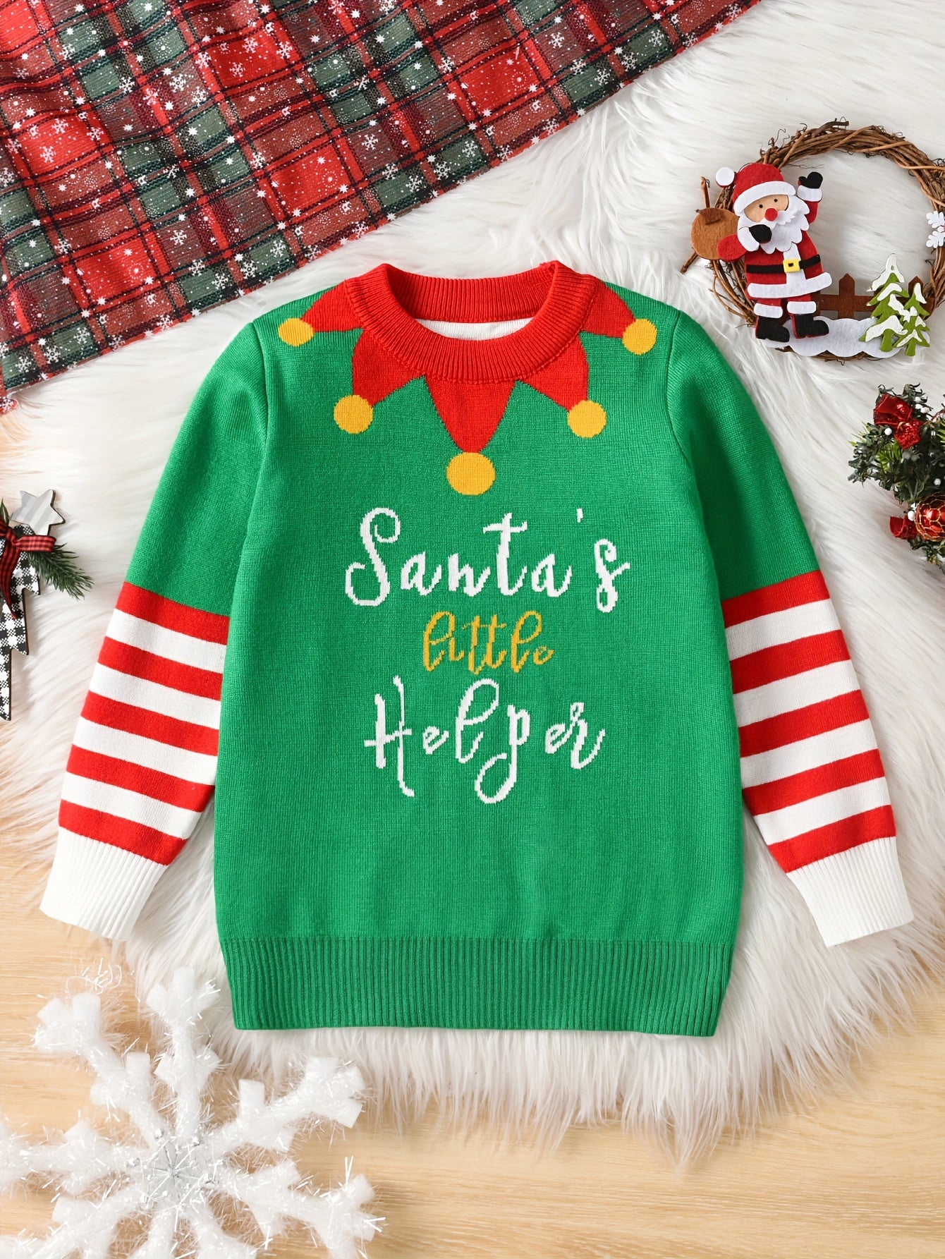 Festive Youth Knit Pullover Sweater - Pullover - Soft Viscose Blend, Crew Neck, Long Sleeve, Medium Stretch, Fun Alphabet Pattern, Santa's Little Helper Design, Regular Fit for Ages 12 and Under, Perfect for Party Season