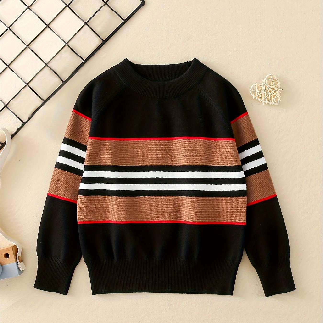 Baby's Casual Color Block Pattern Sweater, Knitted Long Sleeve Top, Toddler & Infant Boy's Clothing For Fall Winter