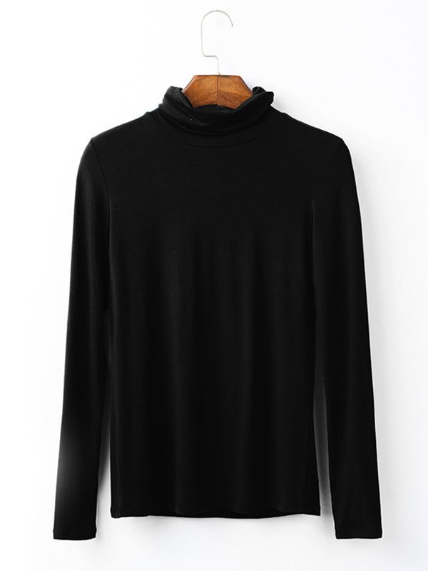 xakxx Simple Long Sleeves Skinny Solid Color High-Neck T-Shirts