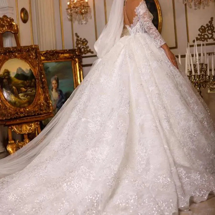 Exquisite Wedding Dress For Women Sheer V-neck Lace Appliques Sequins Bridal Gowns Custom Dubai Arabic Vestido de Novia Customed