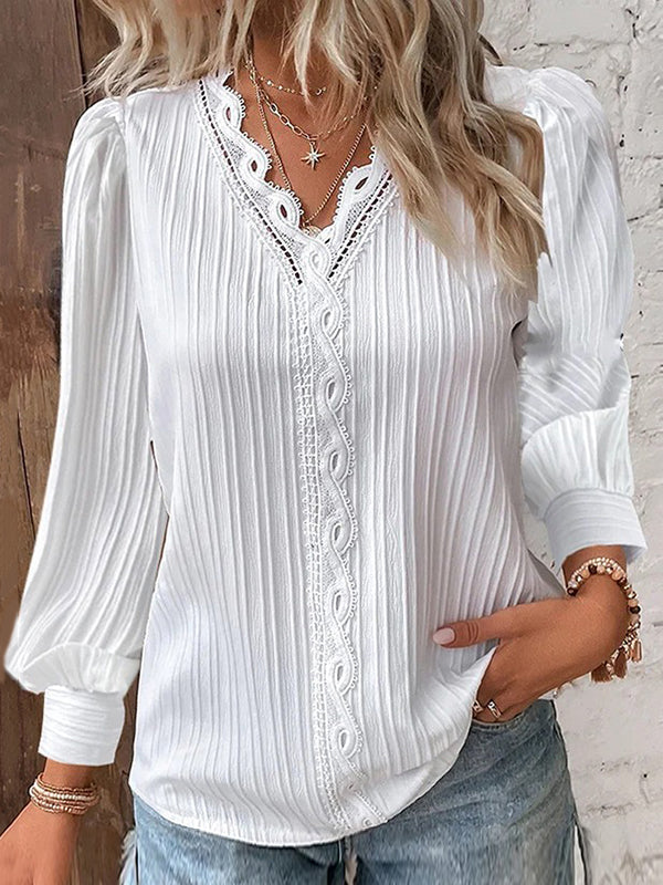 xakxx Long Sleeves Loose Hollow Solid Color V-Neck T-Shirts