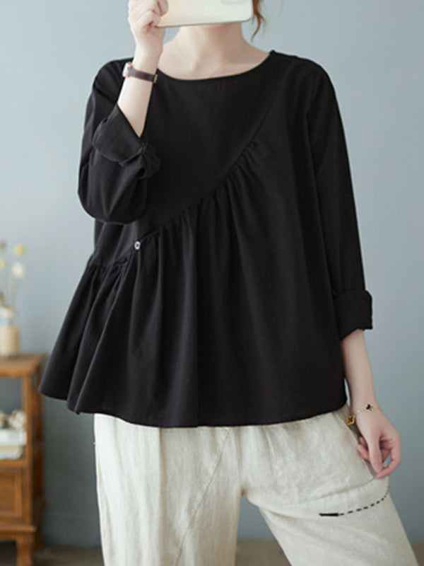 xakxx Casual Loose Long Sleeves Solid Color Round-Neck T-Shirts Tops