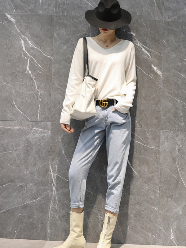 xakxx Simple Solid Color V-Neck Long Sleeve Knitwear Tops