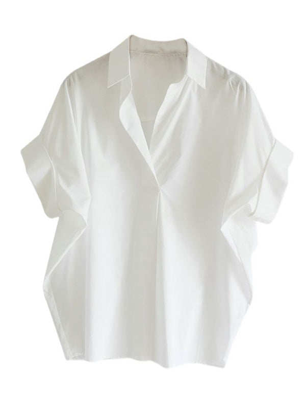 Xakxx - Casual Short Sleeves Loose Solid Color Lapel Collar Blouses&Shirts Tops
