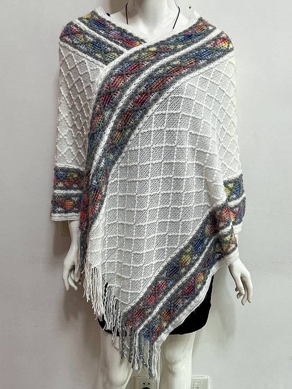 xakxx Loose Asymmetric Tasseled V-Neck Cape Shawl&Cloak