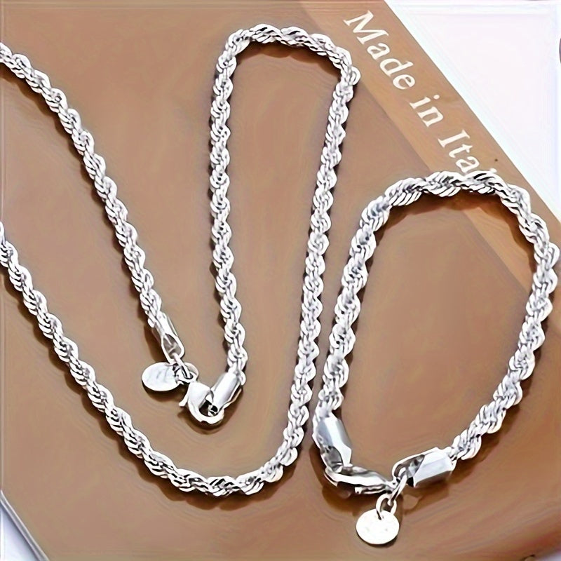 2PCS 925 Sterling Silver Twisted Rope Chain Necklace and Bracelet Set - Timeless Hip Hop Style Jewelry with Shiny Finish, Elegant Design, and Versatile Accessorizing Options for Women