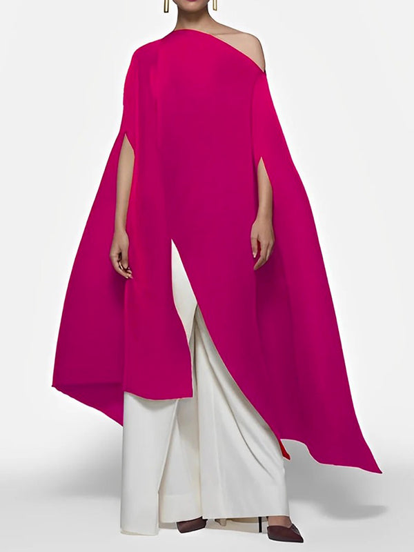 xakxx Batwing Sleeves Loose Solid Color Split-Front Off-The-Shoulder Blouses&Shirts Tops