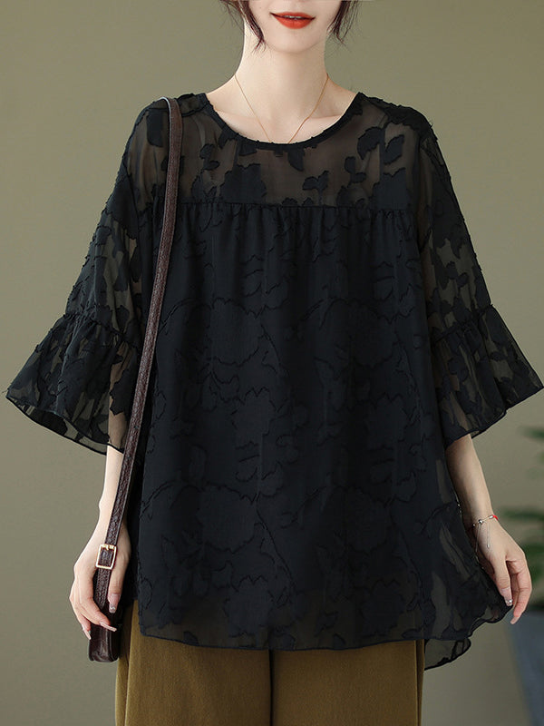 xakxx Loose Short Sleeves Falbala Pleated See-Through Split-Joint Round-Neck T-Shirts
