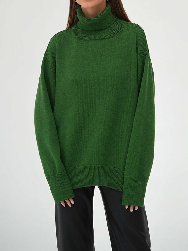 xakxx Long Sleeves Loose Solid Color High Neck Knitwear Pullovers Sweater Tops