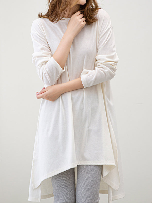 xakxx Casual High-Low Long Sleeves Solid Color Round-Neck T-Shirts Tops