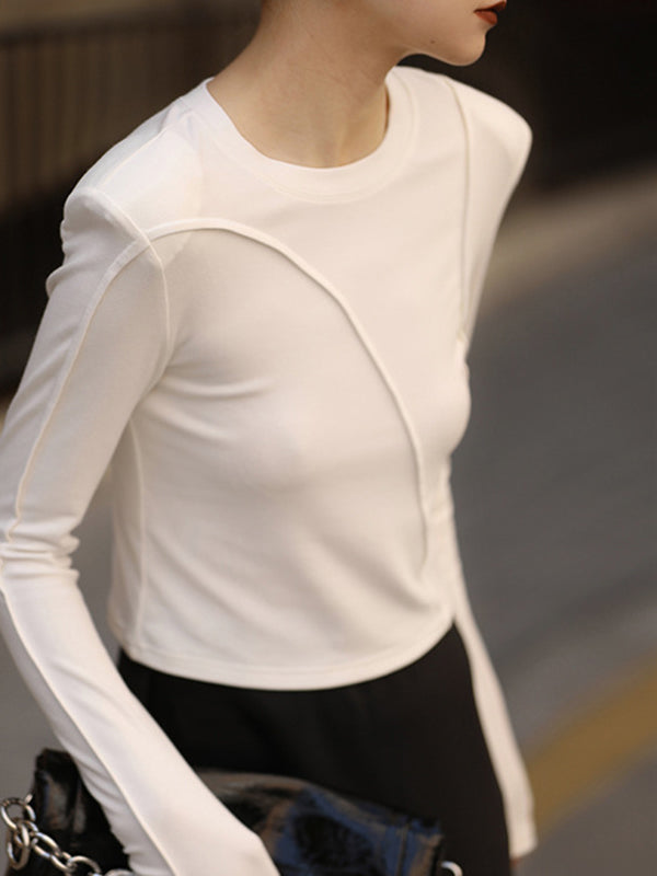 xakxx Long Sleeves Skinny Shoulder Pad Solid Color Round-Neck T-Shirts Tops