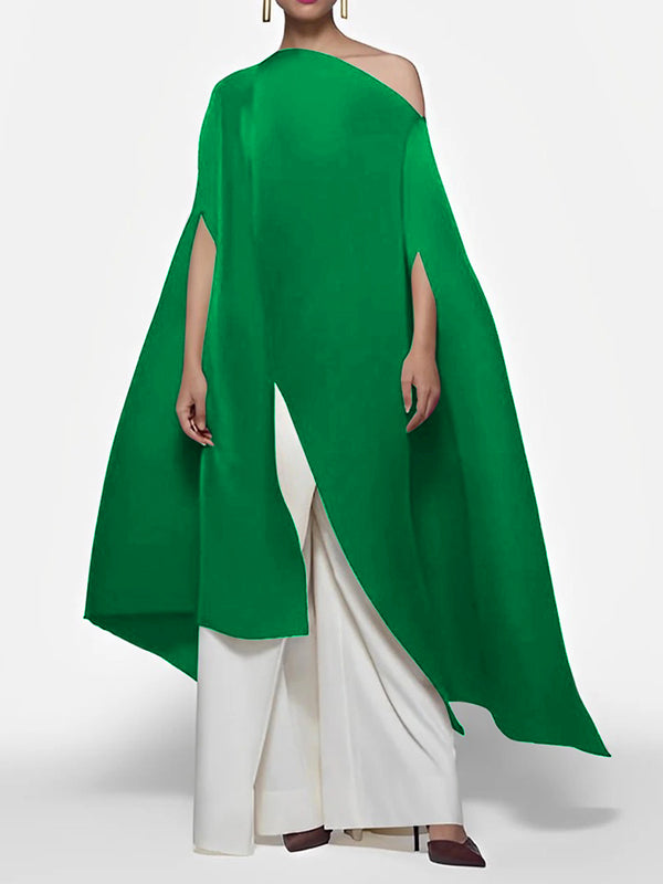 xakxx Batwing Sleeves Loose Solid Color Split-Front Off-The-Shoulder Blouses&Shirts Tops