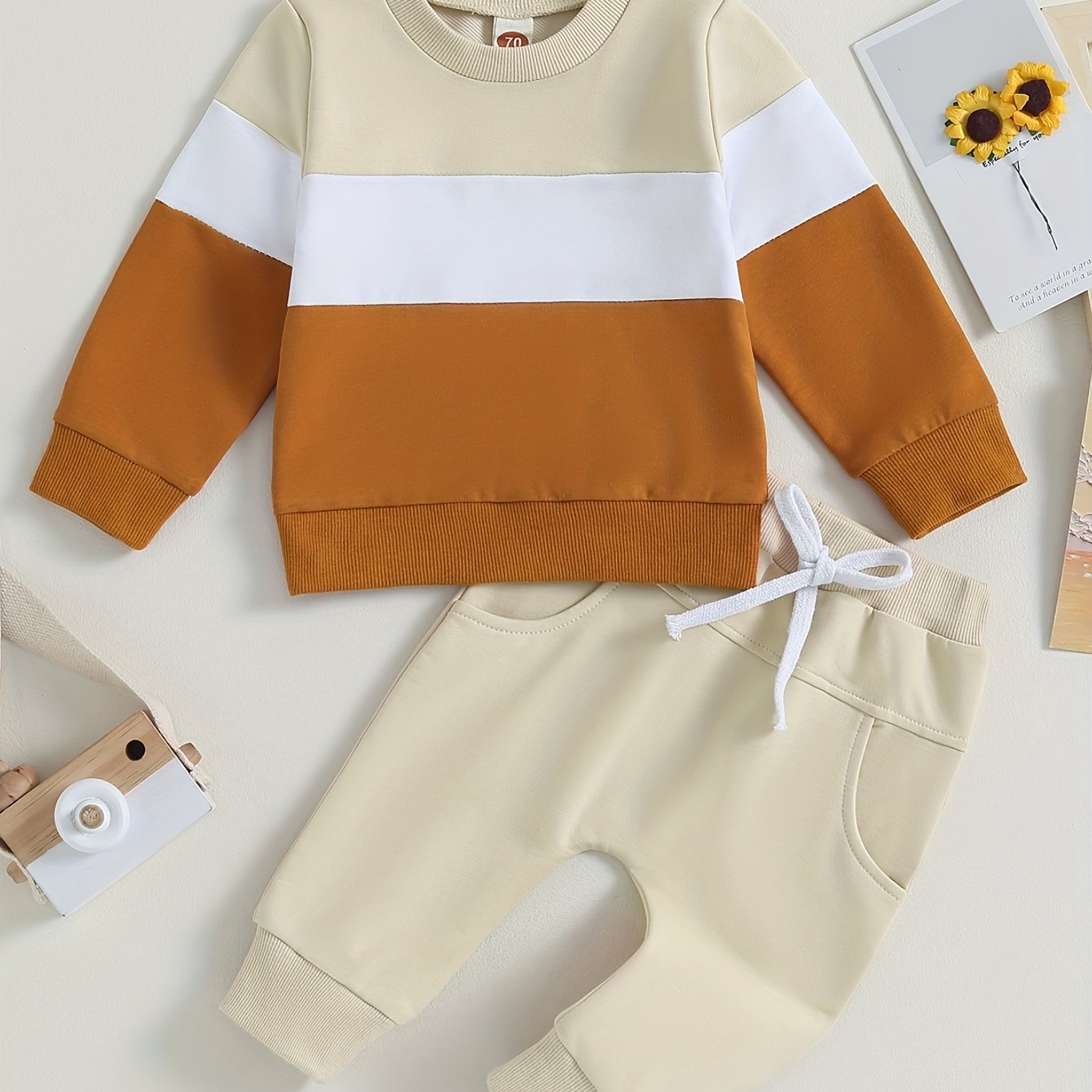 Baby Boys Spring 2 Piece Outfits Contrast Color Long Sleeve Sweatshirt and Elastic Pants for Toddler Fall Clothes