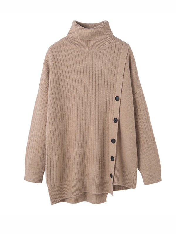 xakxx High-Low Long Sleeves Asymmetric Buttoned High-Neck Knitwear Pullovers Sweater Tops