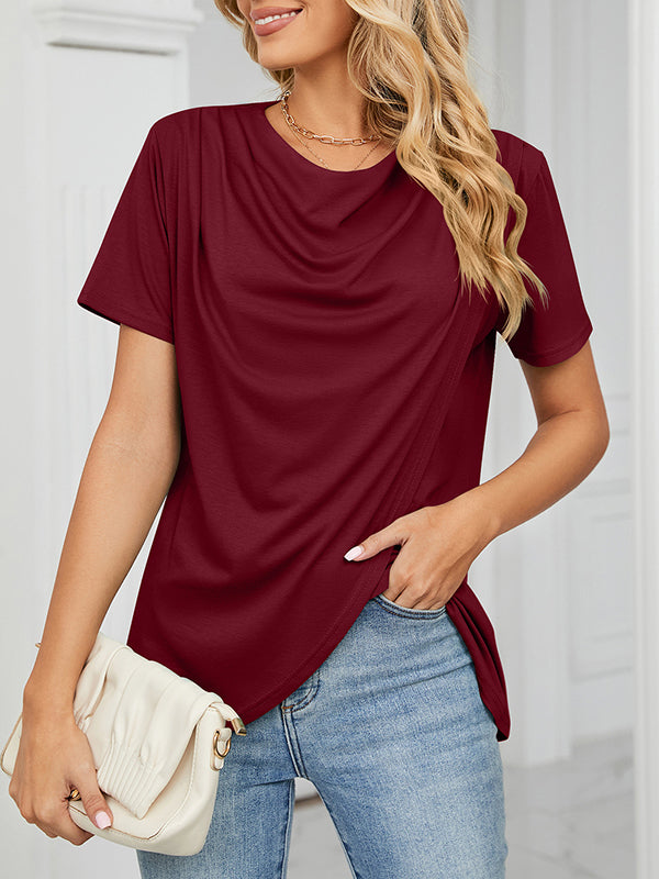xakxx Loose Short Sleeves Pleated Solid Color Split-Joint Round-Neck T-Shirts
